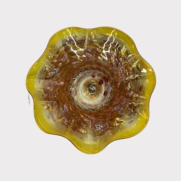 Wimberley Glass Works Art Bowl Vase Ruffled Scalloped Edges Amber Red Signed New - Picture 11 of 12